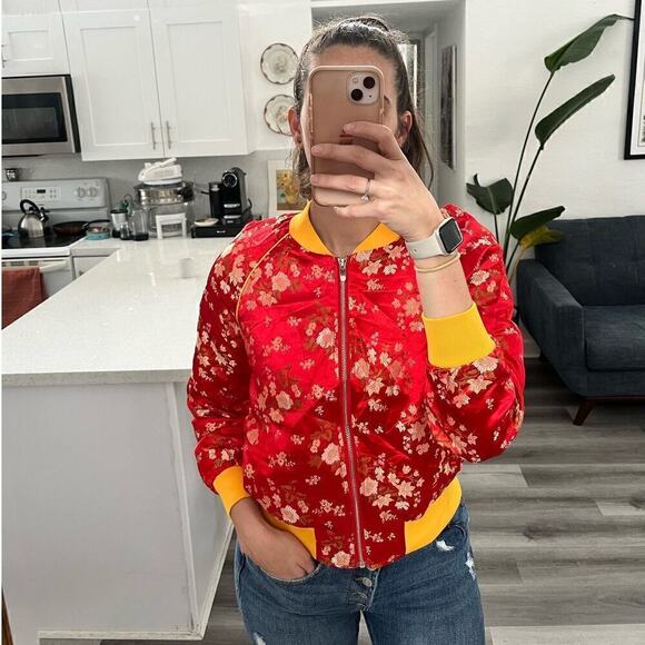 Charlotte Russe Floral Print Crewneck Full Zip Jacket Bright Red Women's Small - Picture 1 of 5